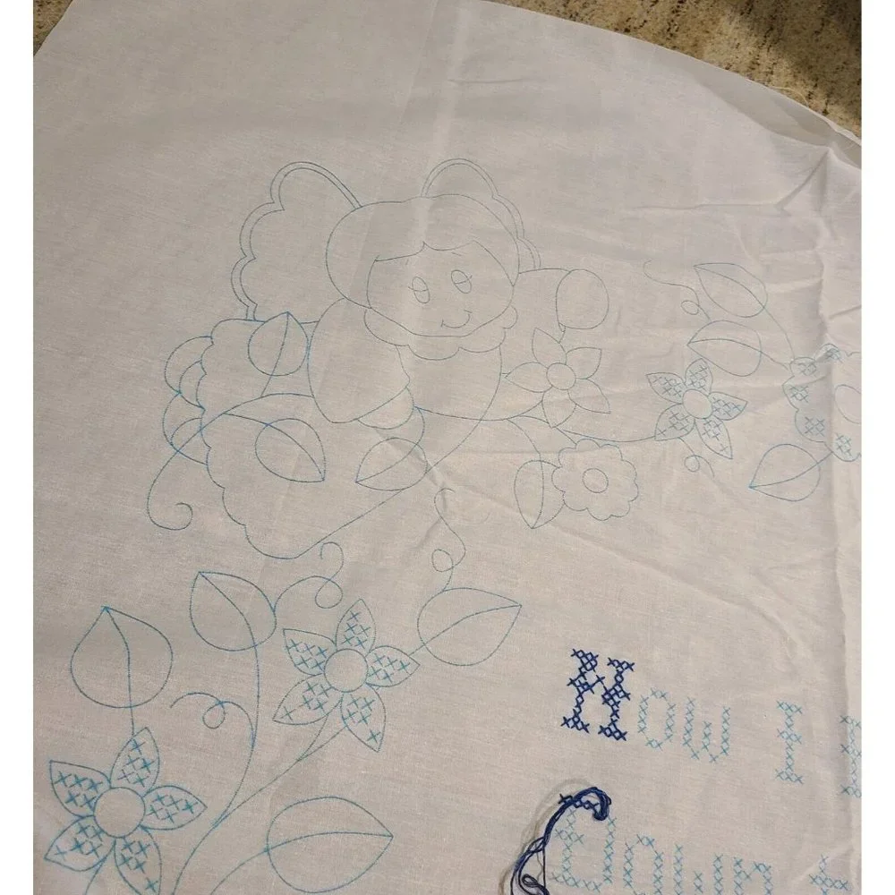 Vtg Cross Stitch Baby Crib Quilt Now I Lay Me Down to Sleep Cat Angel Dog Bear